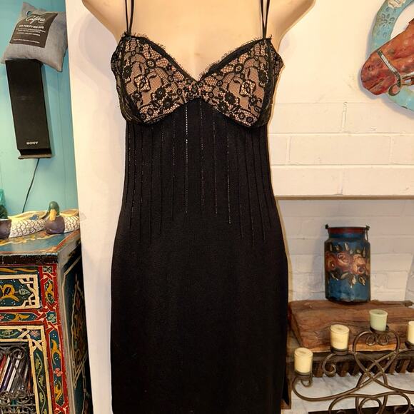 ST. JOHN EVENING BY MARIE GRAY BLACK SLIPDRESS KNIT DRESS W/ LACE BODICE 2 - Picture 3 of 11